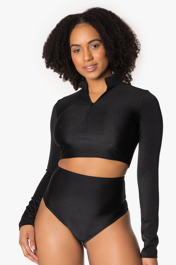 Black Long Sleeve Zipper Crop Top